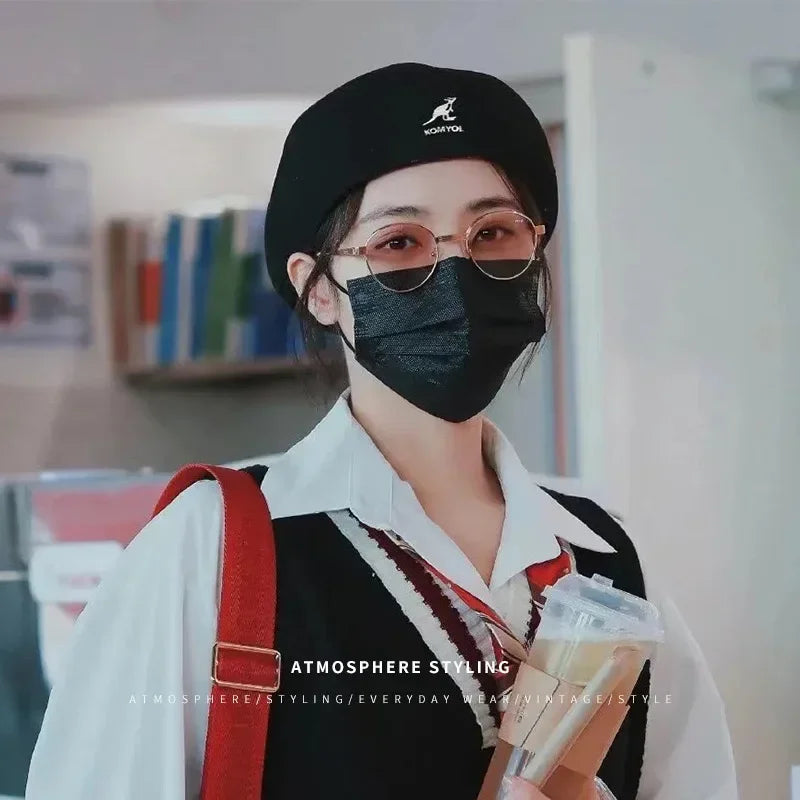 Béret En Laine Noir Motif Étoiles Tricot Été Fin Unisexe