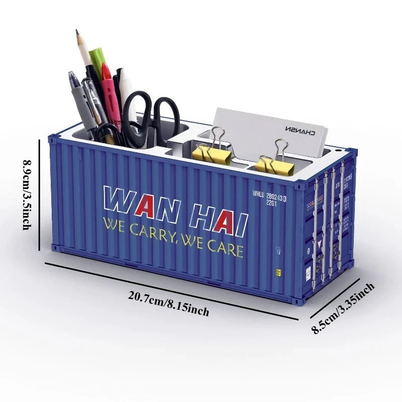 Porte-stylos en forme de conteneur maritime bleu, organisateur bureau LSDLBoutique avec stylos et ciseaux.