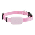 Traceur GPS pour animaux sur collier réglable en nylon rose; module GPS rose avec empreinte de patte.