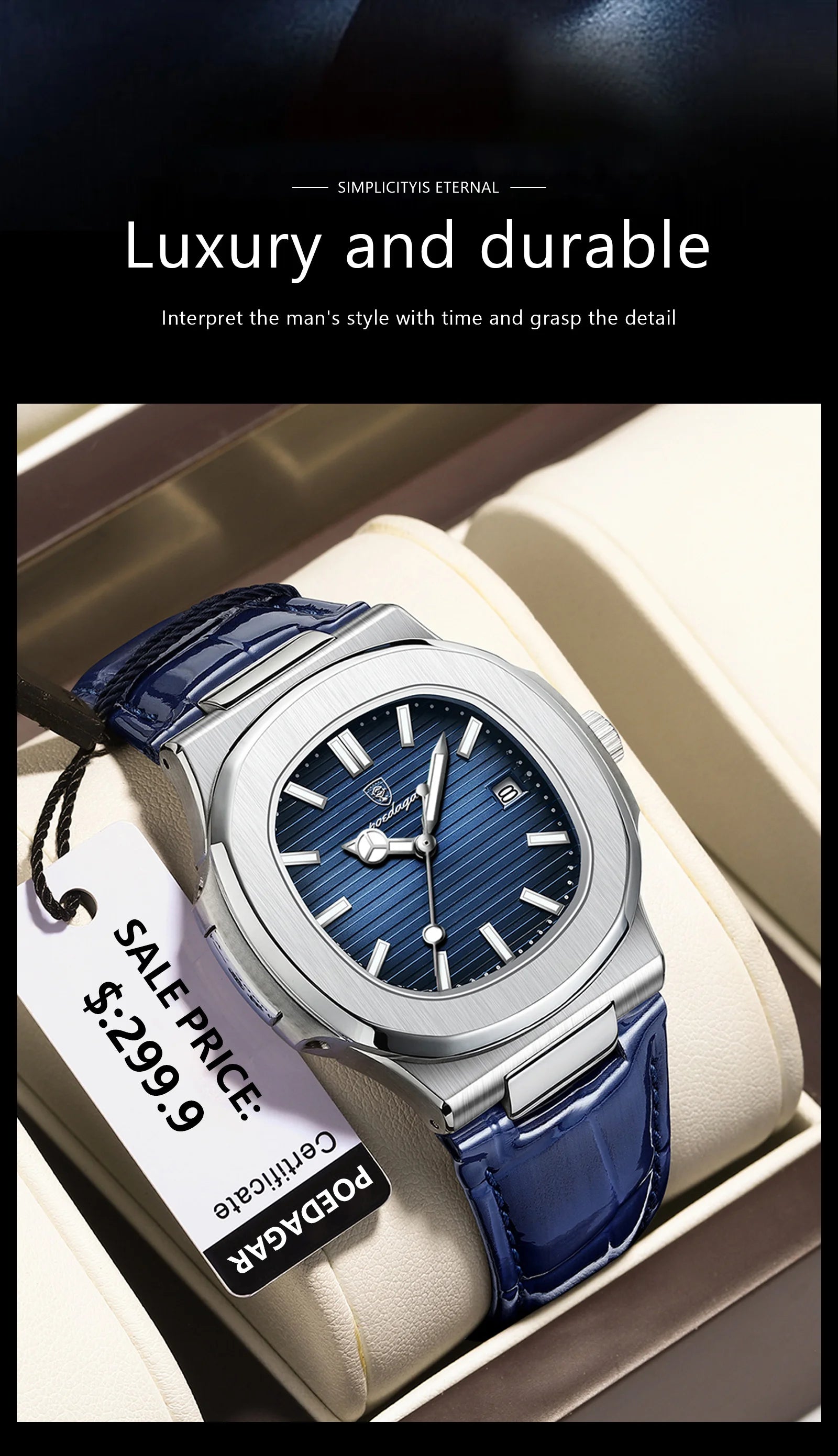 Montre Homme POEDAGAR Étanche Date Cuir Quartz Sport Chic Design Carré Moderne Masculin by LSDLBoutique.ch