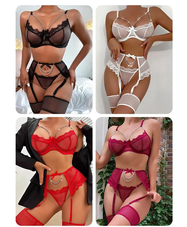 Les Secrets de Léa Ensemble Sous Vetements Maille Creuse Léopard Chaîne Métal