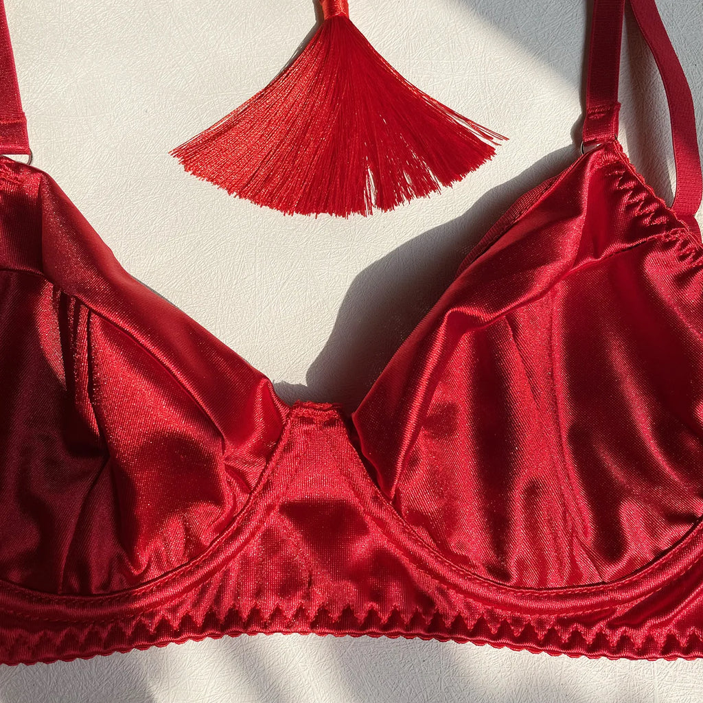 Ellolace Dessous-Set, feiner Satin und Spitze, Rot, 5-teilig