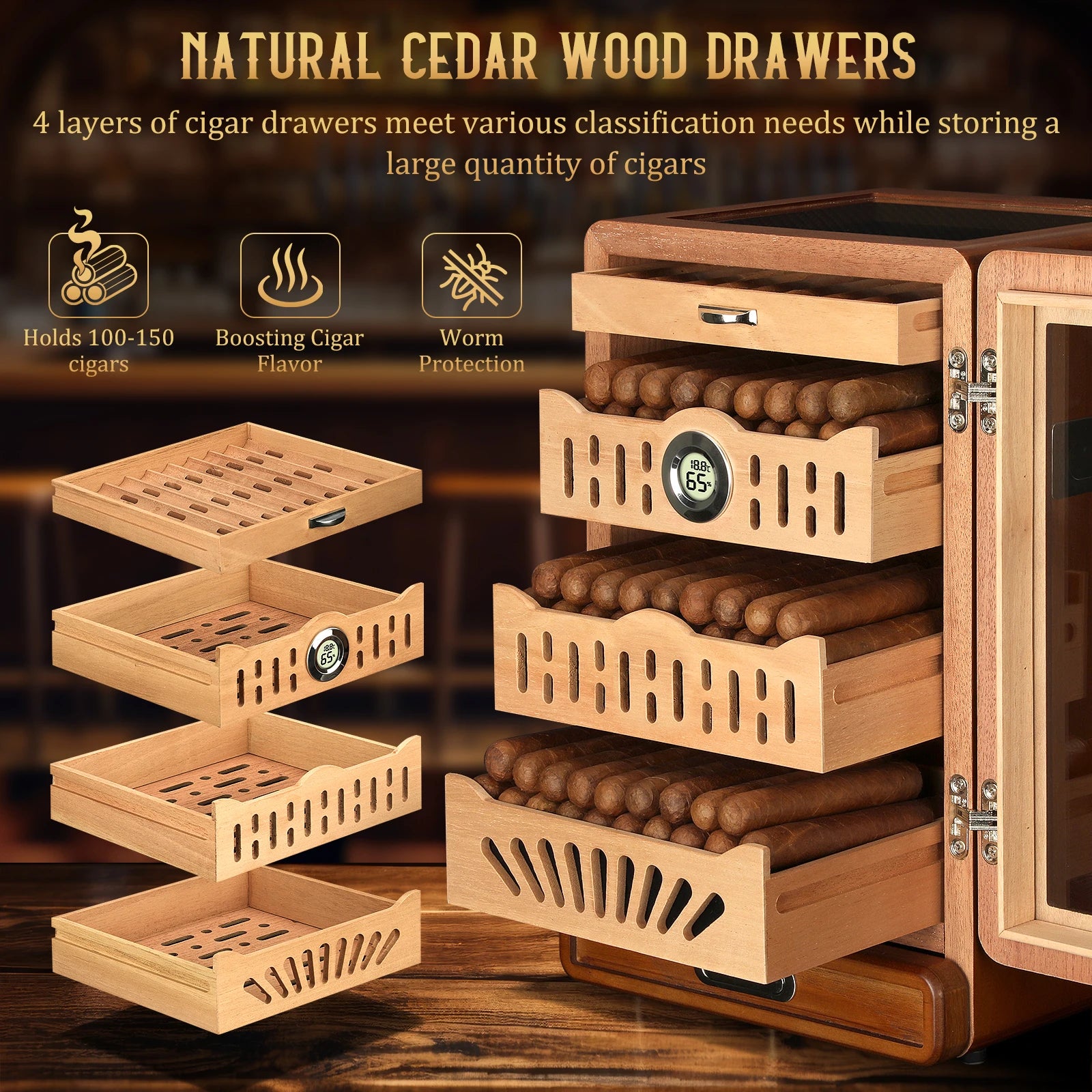 Cigar Humidor Cabinet,Desktop Humidor,with 4 Spanish Cedar Wood Shelves, 2 Humidifiers,Digital Hygrometer Thermometer and Drawer