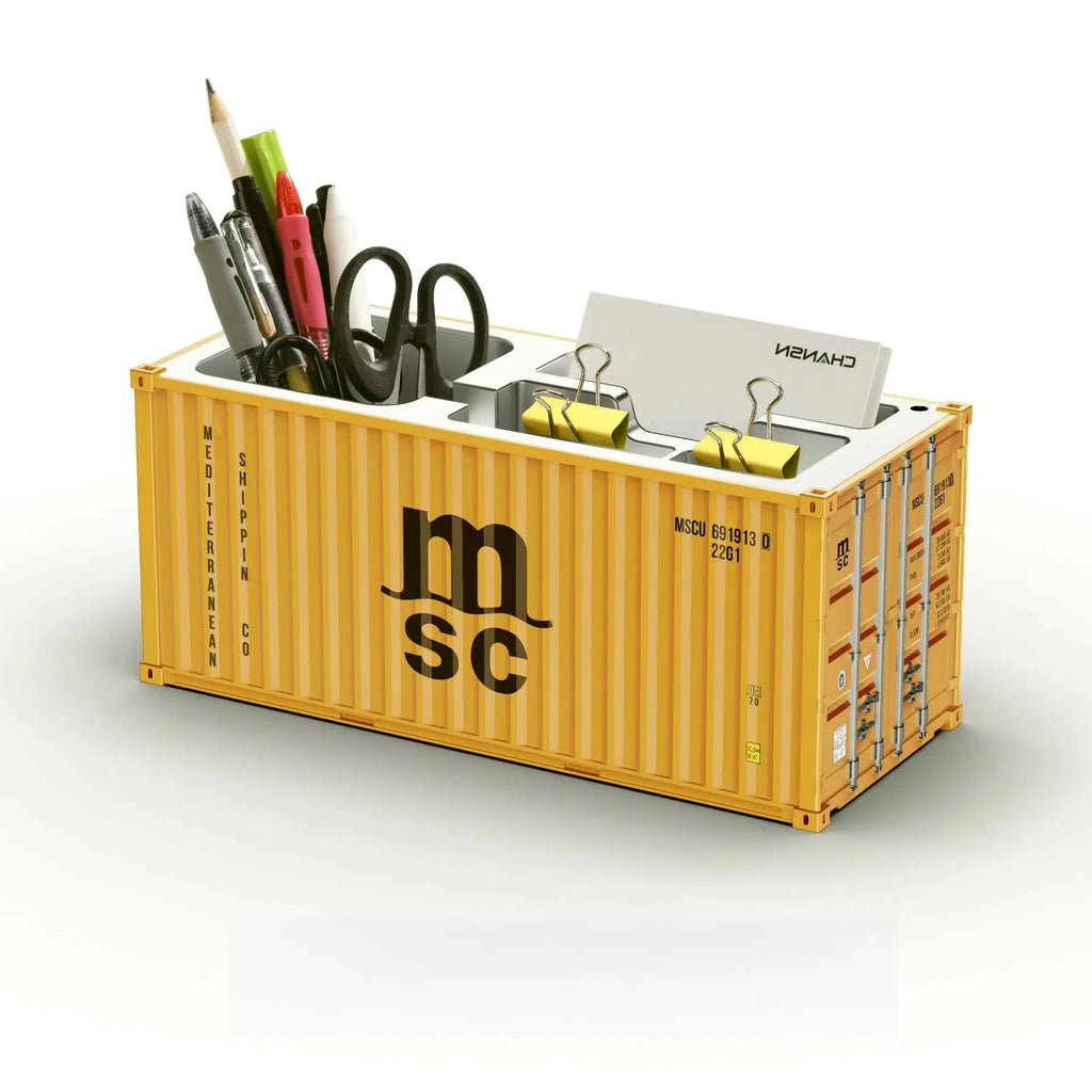 Porte-stylos bureau en forme de conteneur maritime jaune, organisateur métallique avec logo MSC.