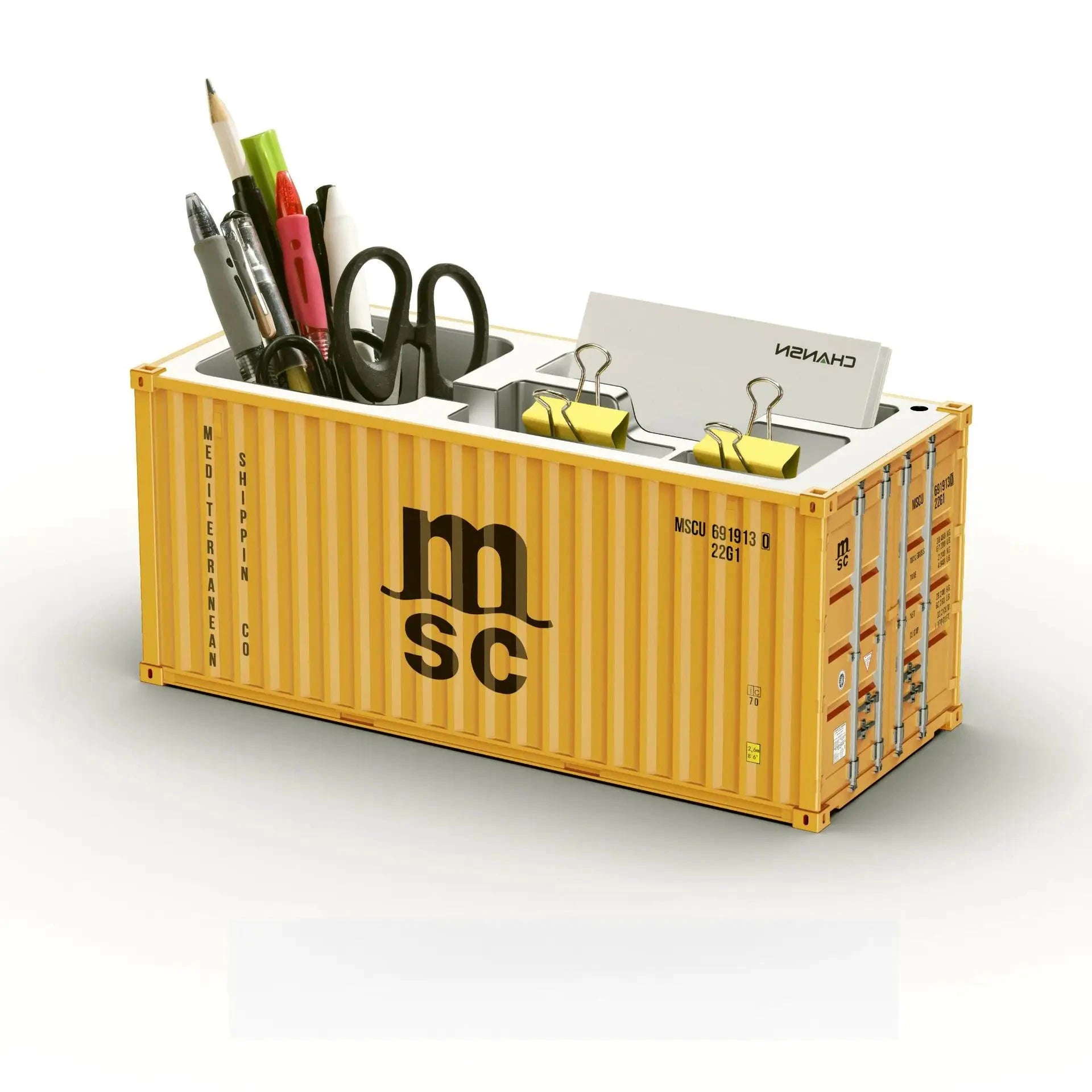 Porte-stylos bureau en forme de conteneur maritime jaune, organisateur métallique avec logo MSC.