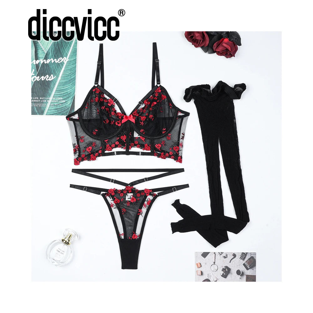 Diccvicc Floral Lace Corset Bandage Lingerie Set Black Red