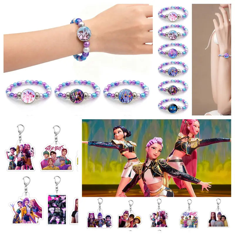K-Pop-Schlüsselanhänger mit bunten Perlen und runder Bildplatte