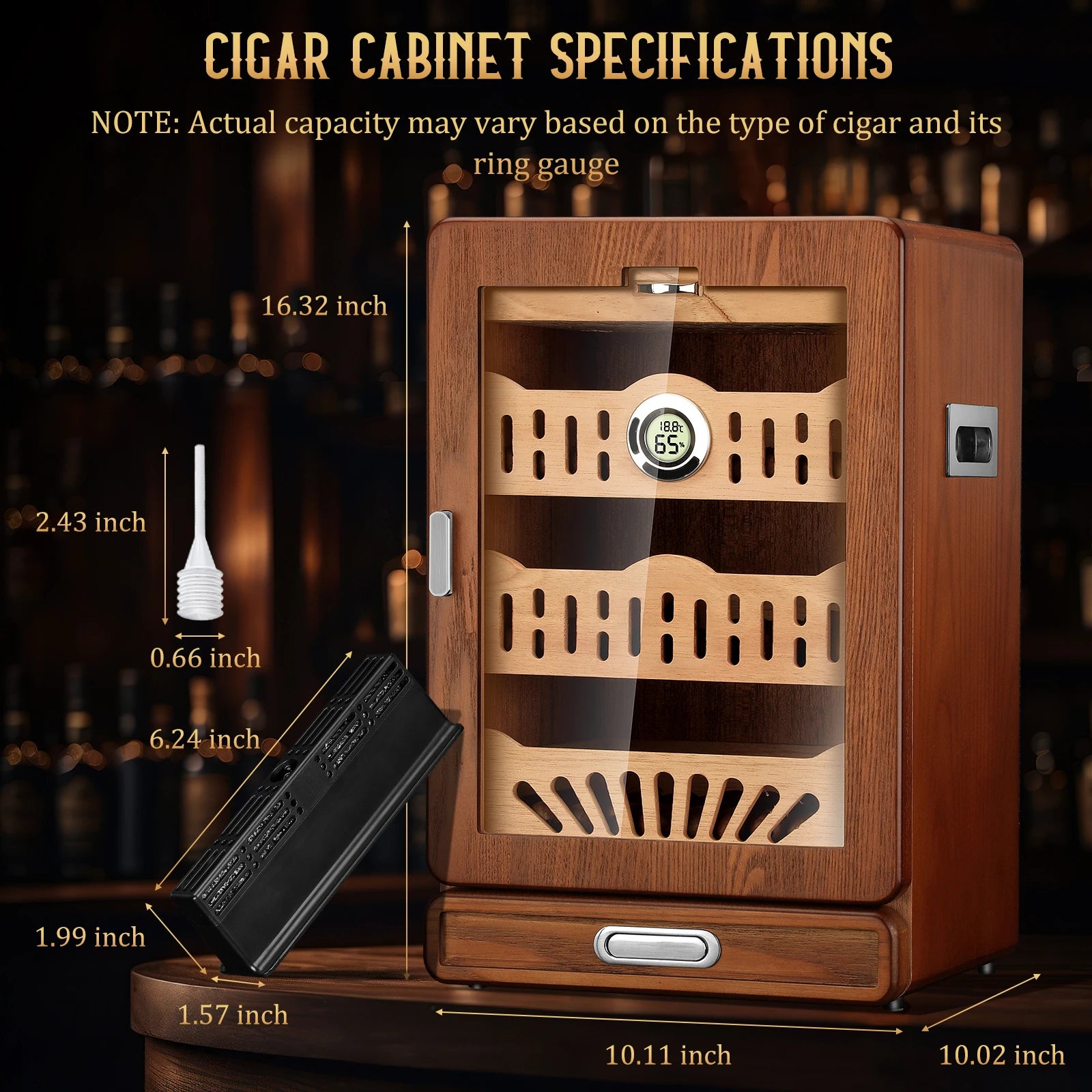 Cigar Humidor Cabinet,Desktop Humidor,with 4 Spanish Cedar Wood Shelves, 2 Humidifiers,Digital Hygrometer Thermometer and Drawer
