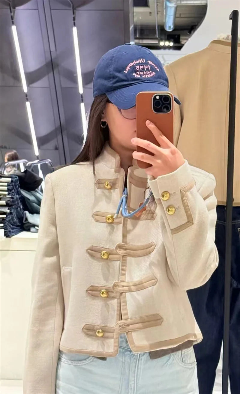 Guobioziy Veste Khaki Col Montant Napoléon Boutons