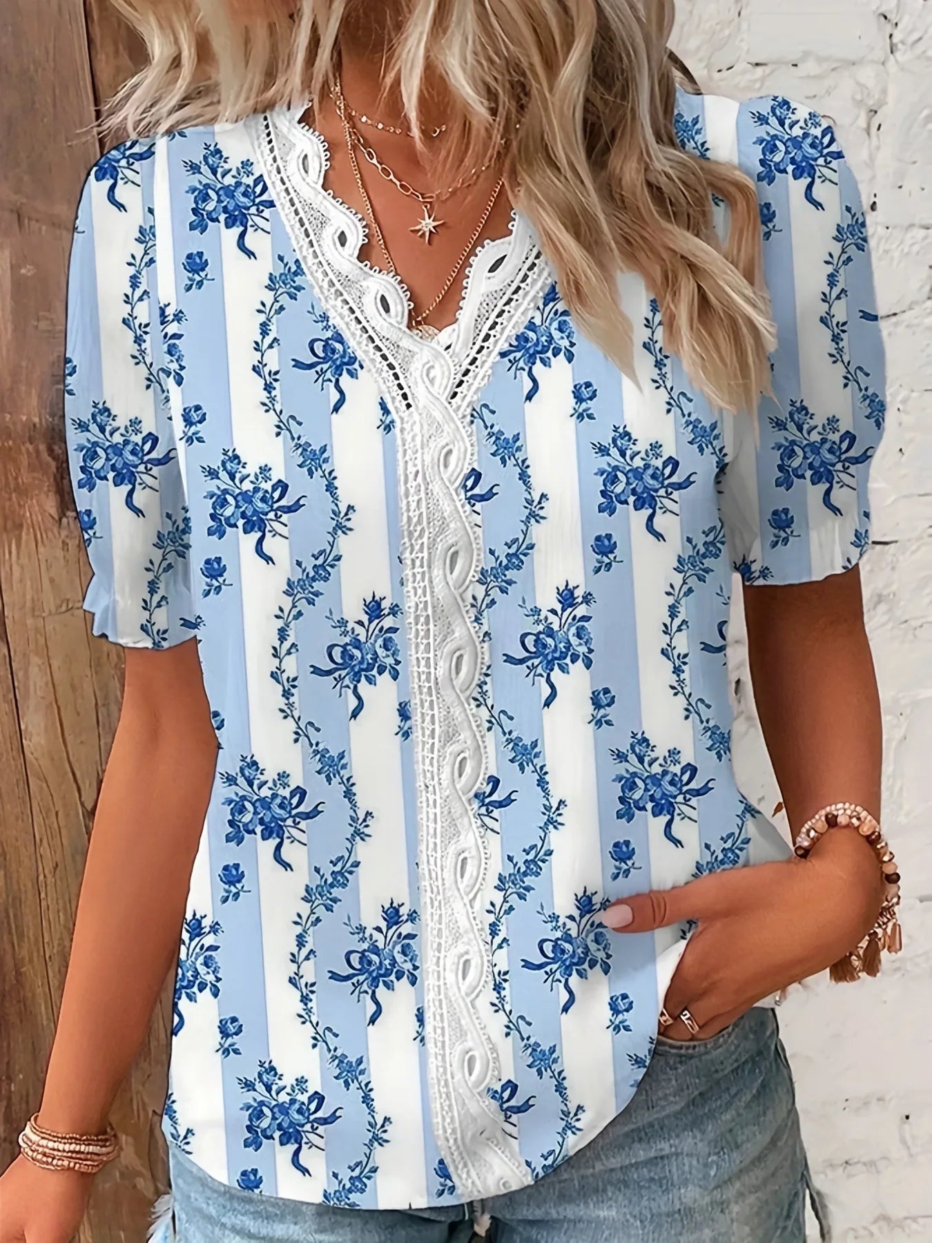 Chemise Décontractée Col V Ajourée Jacquard Floral Été