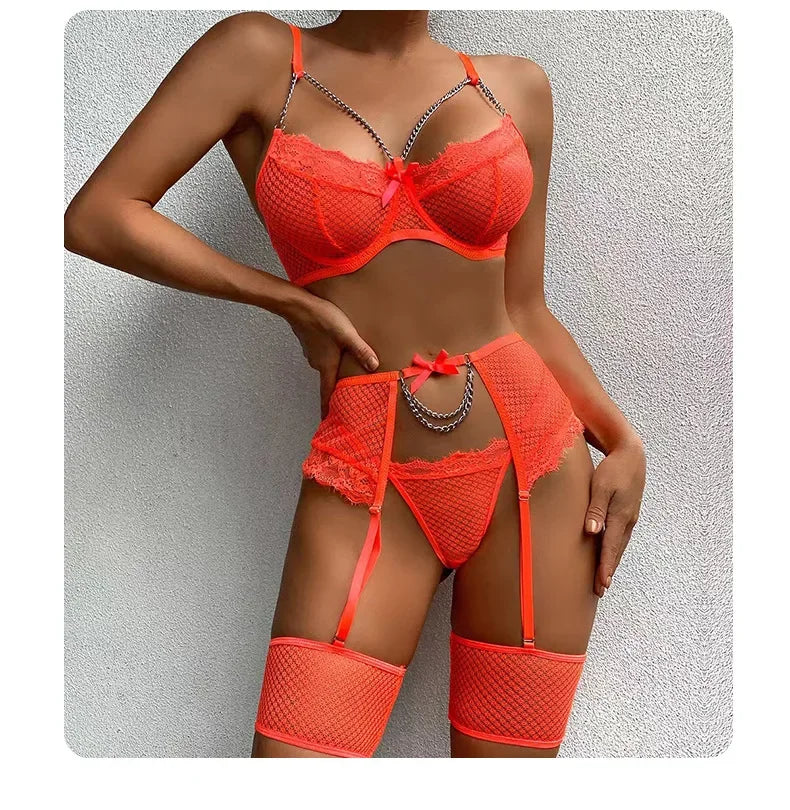 Les Secrets de Léa Ensemble Sous Vetements Maille Creuse Léopard Chaîne Métal