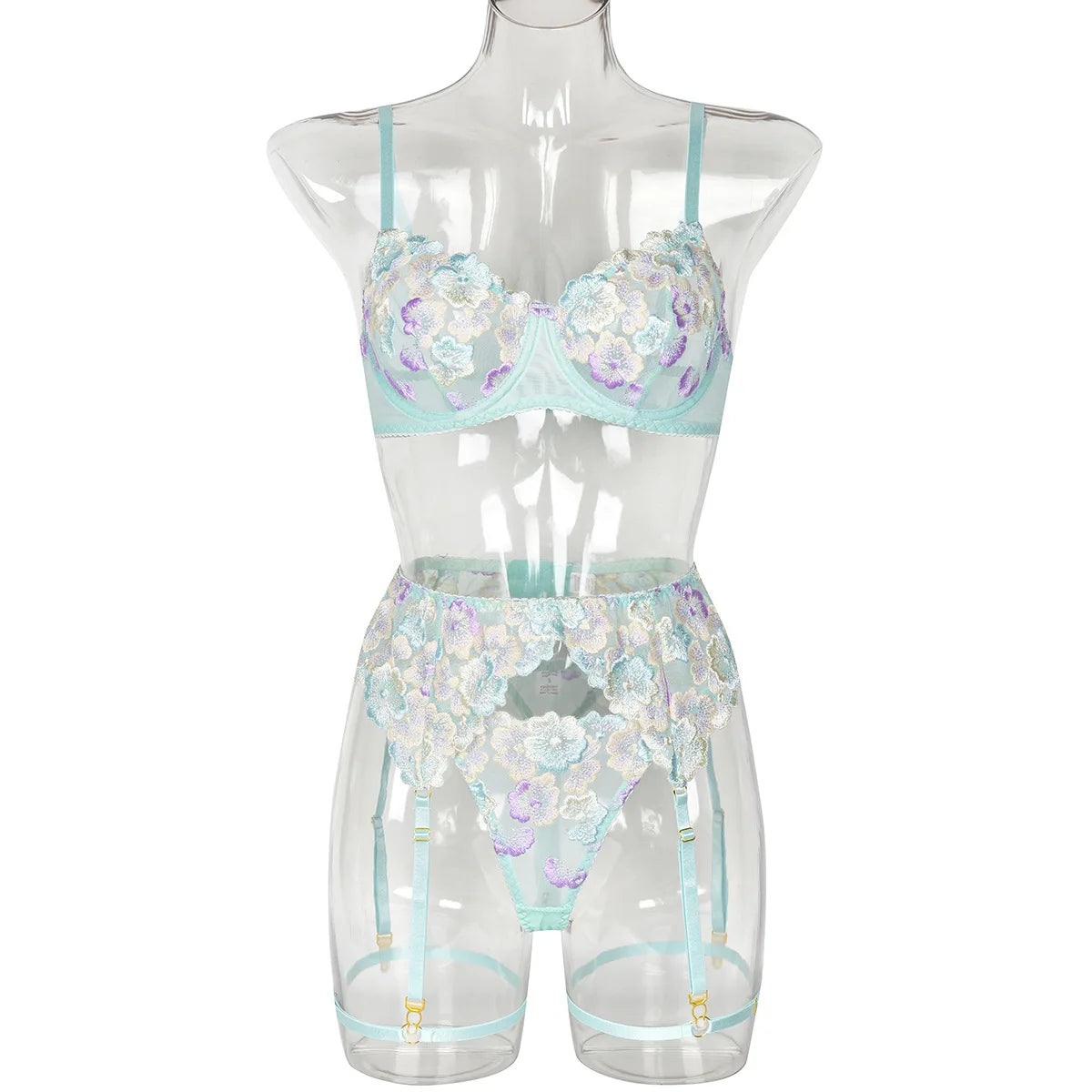Ensemble dentelle fleurie – Soutien-gorge, string & jarretelles