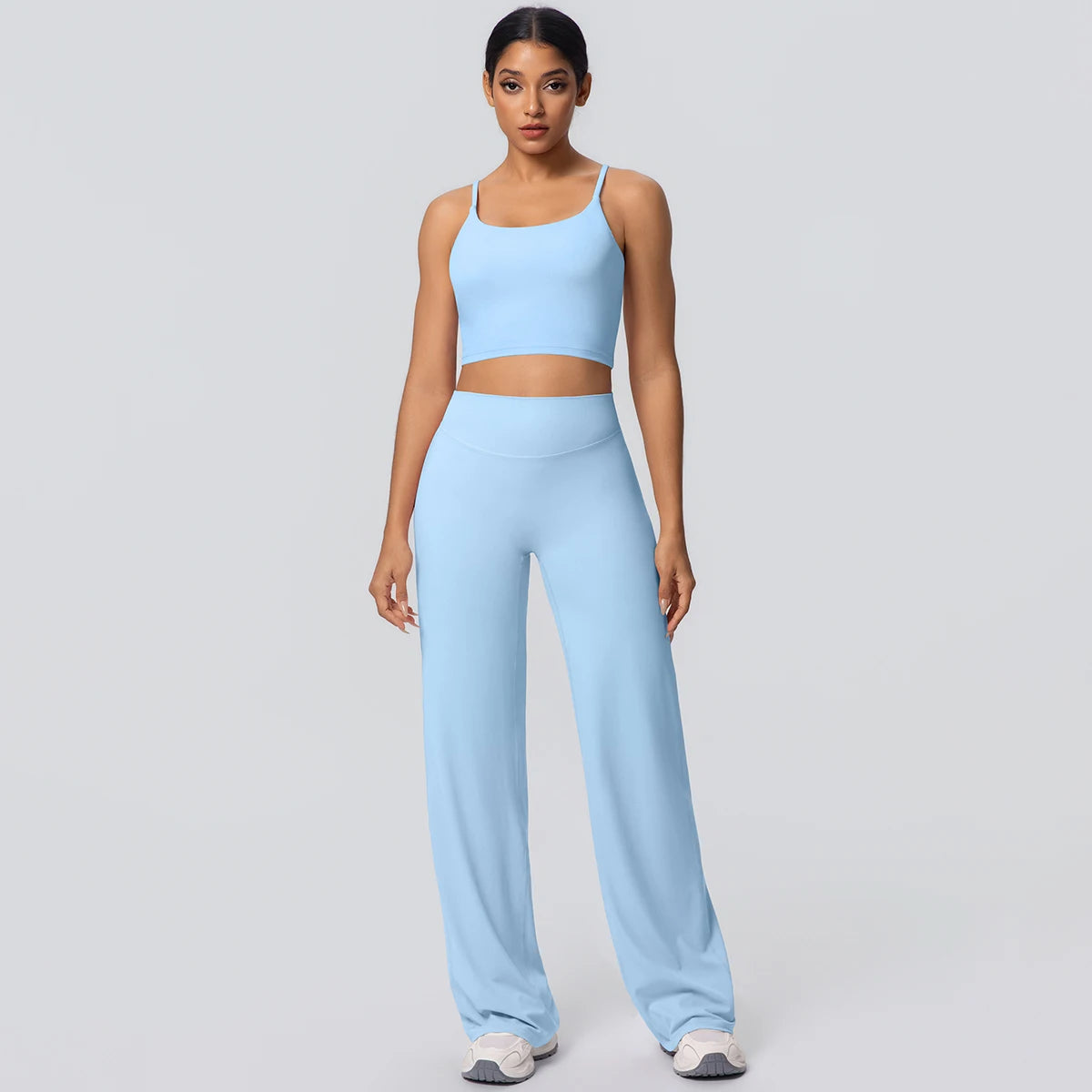 Ensemble Sport Femme Bleu Clair Dos Nu Bretelles Pantalon Taille Haute