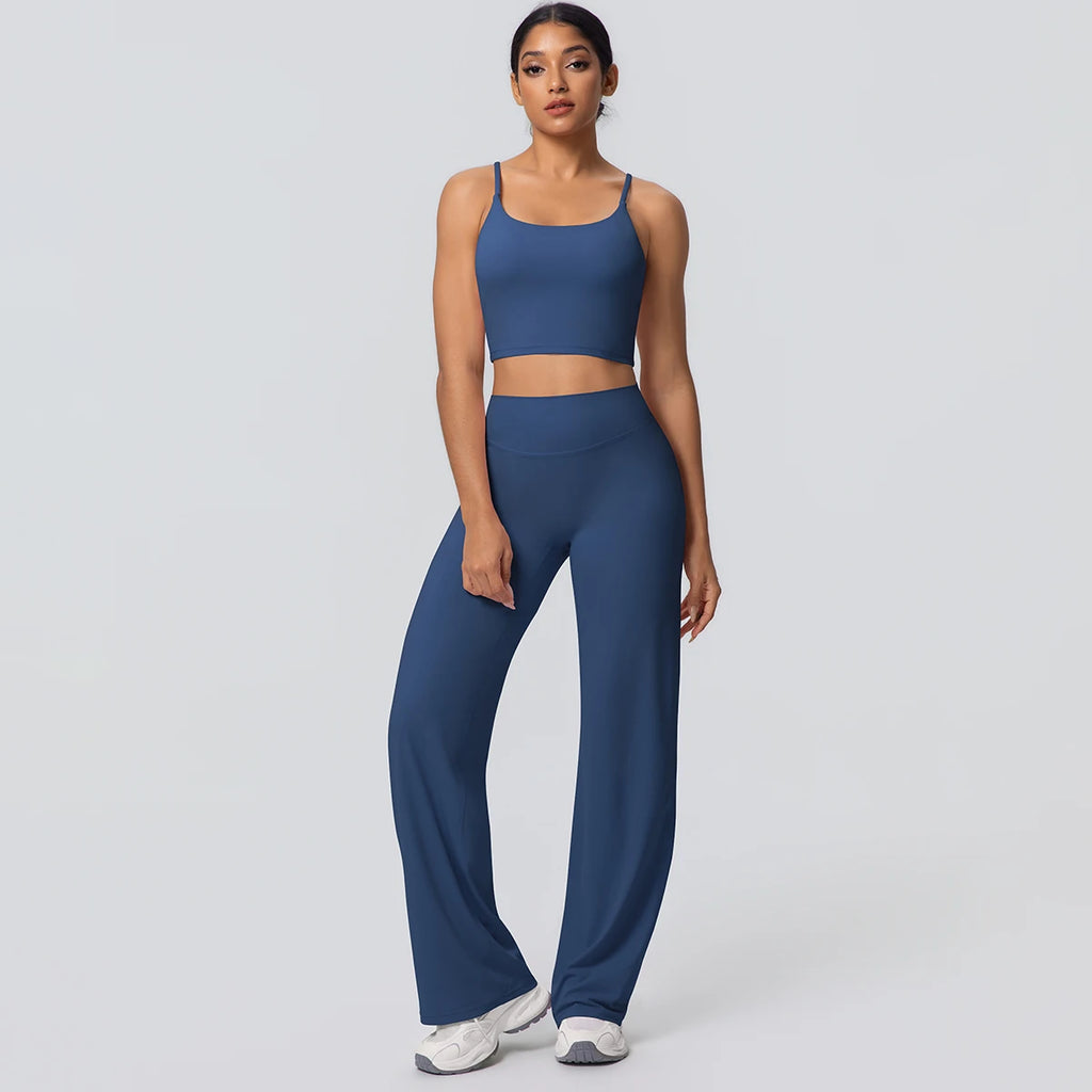 Ensemble Sport Femme Bleu Clair Dos Nu Bretelles Pantalon Taille Haute