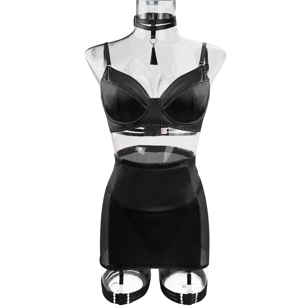 Ellolace Dessous-Set, feiner Satin und Spitze, Rot, 5-teilig