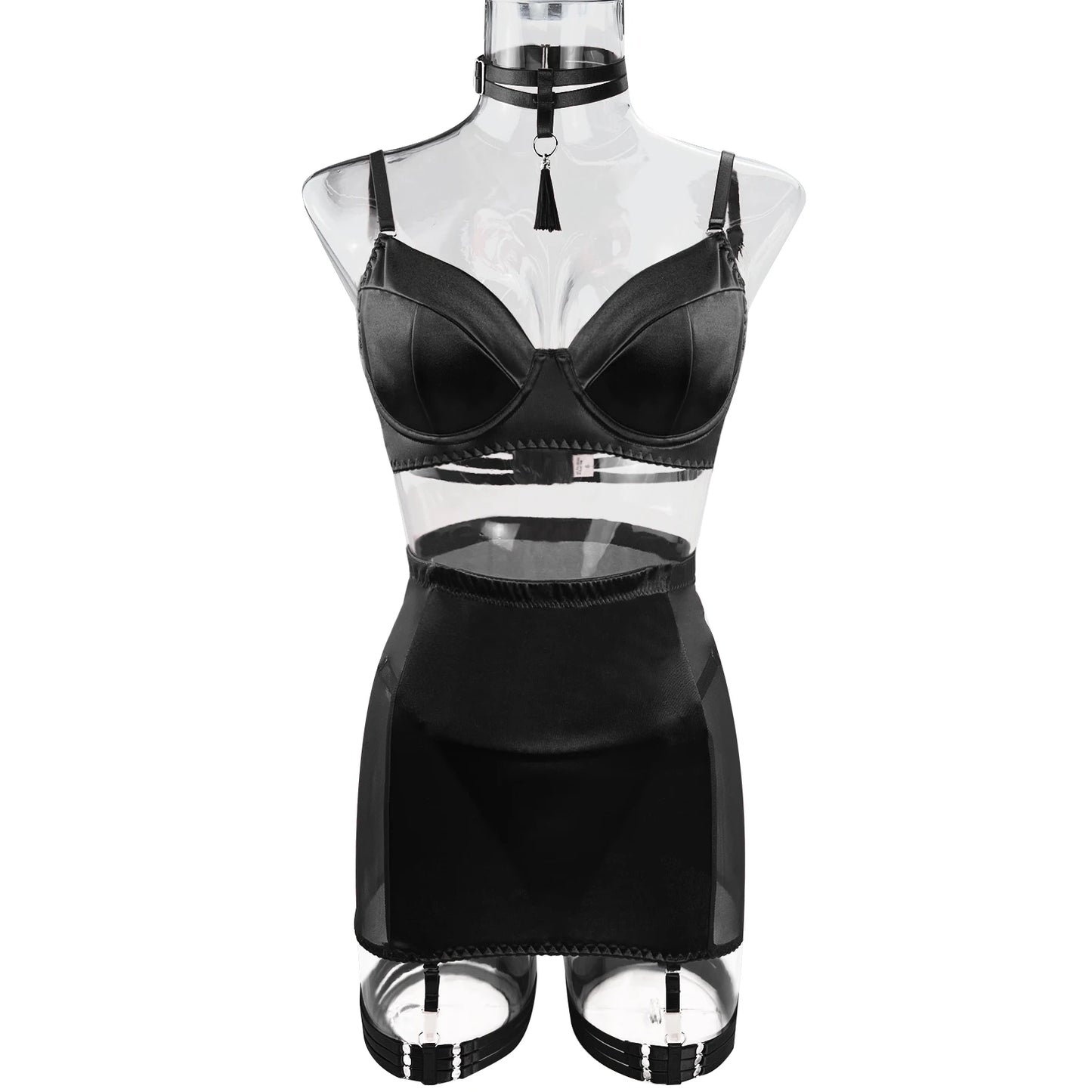 Ellolace Lingerie Satin Fin Dentelle Rouge 5Pièces