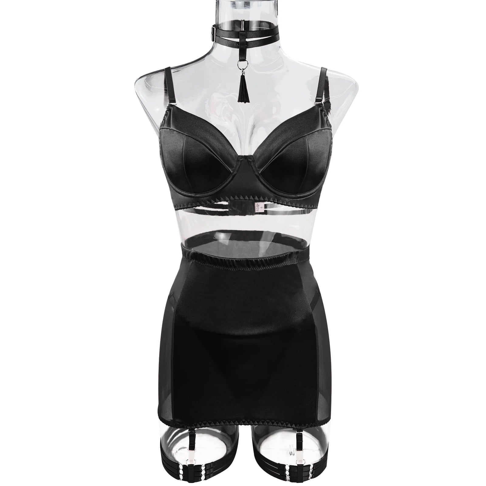 Ellolace Dessous-Set, feiner Satin und Spitze, Rot, 5-teilig