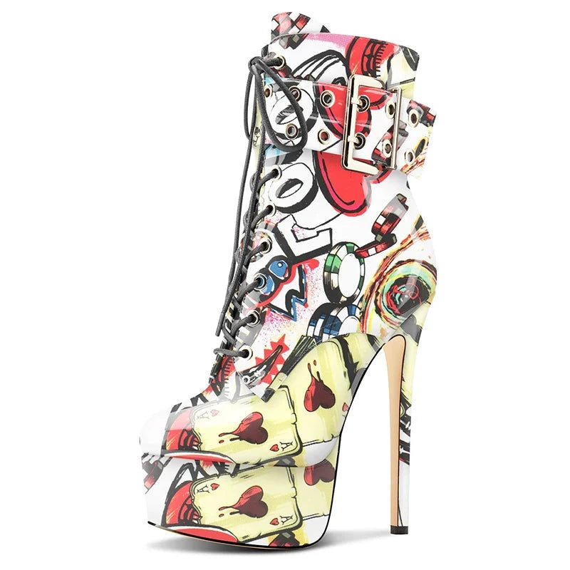 Bottines vernies à talon aiguille et plateforme LSDLBoutique, imprimé graffiti multicolore