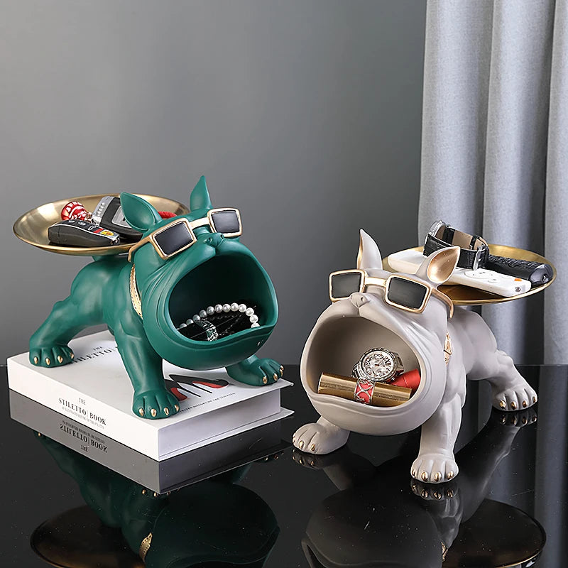 Figurine Bouledogue En Résine Avec Plateau Décor Maison