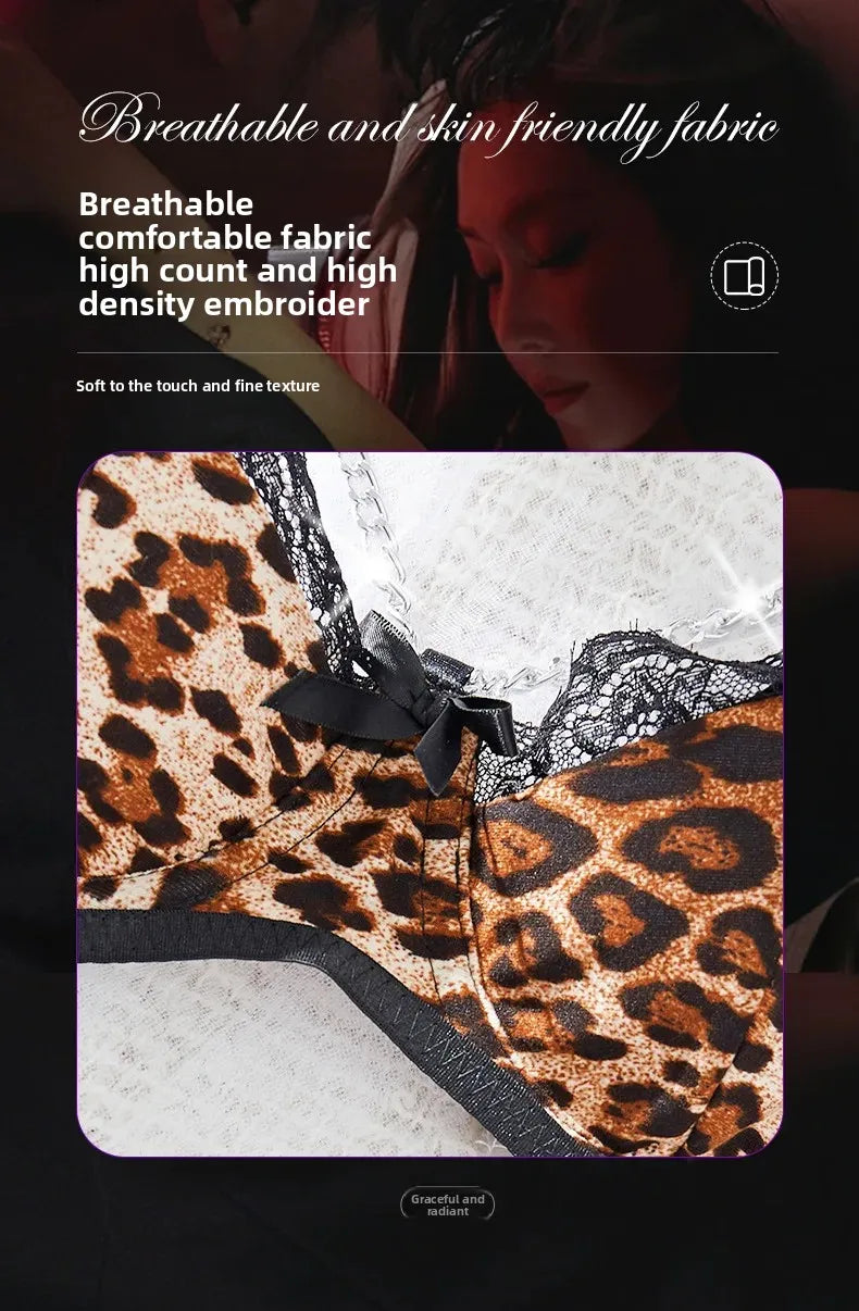 Les Secrets de Léa Ensemble Sous Vetements Maille Creuse Léopard Chaîne Métal