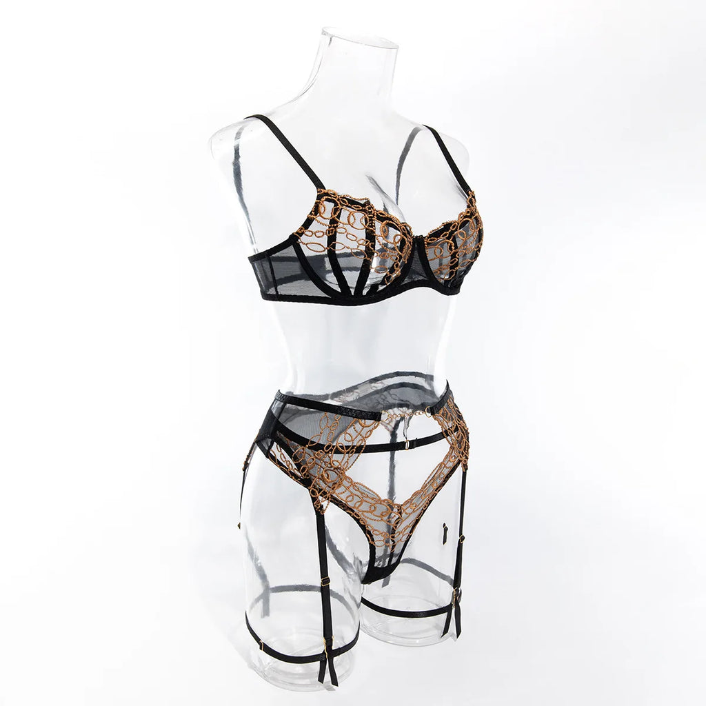 Toucheart 4-Piece Lingerie Set, Gold and Black Lace