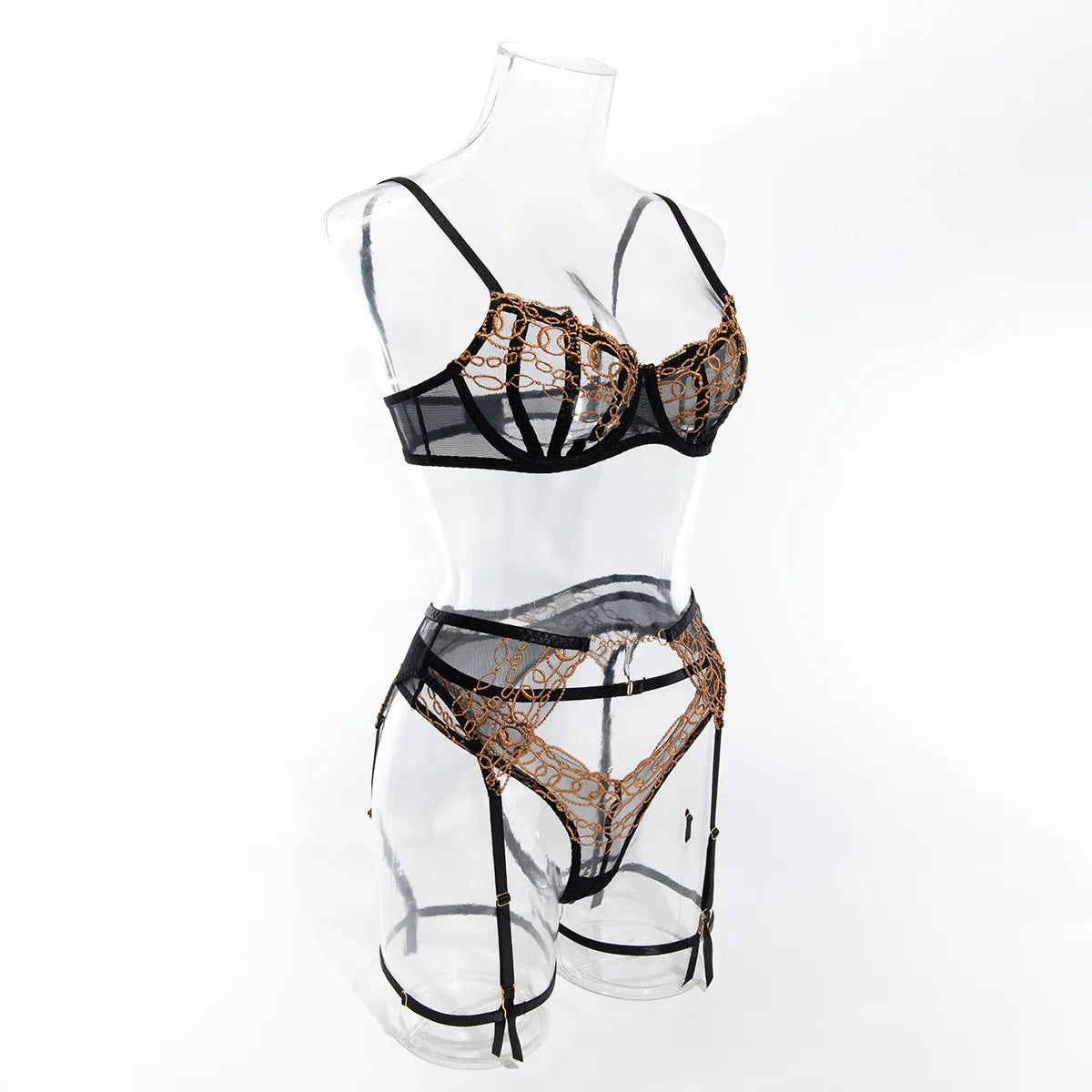 Toucheart 4-Piece Lingerie Set, Gold and Black Lace