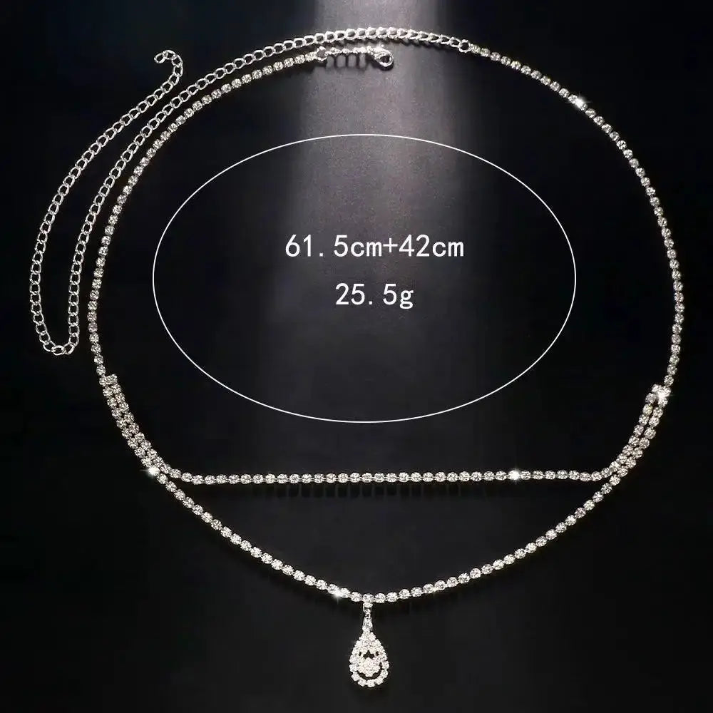 Chaîne de taille double en argent avec cristaux et pendentif goutte d'eau, LSDLBoutique