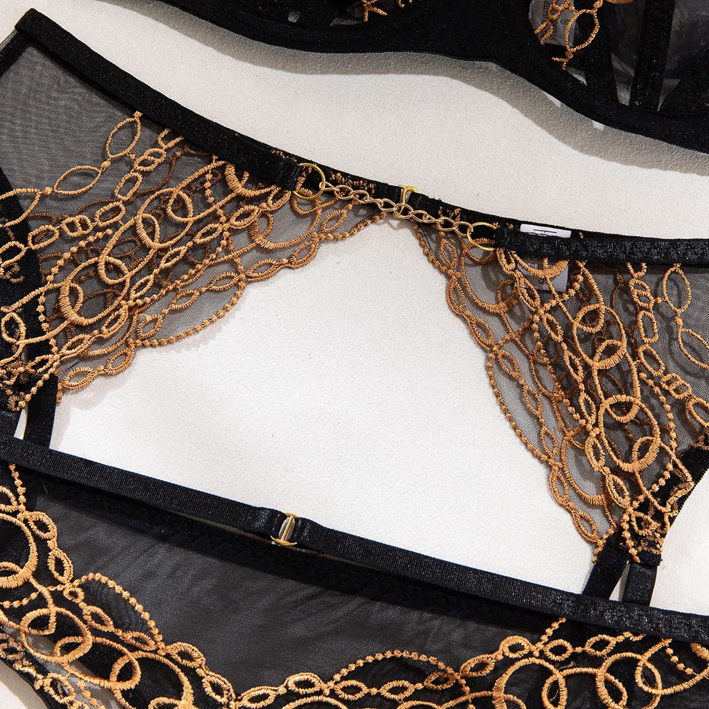 Toucheart 4-Piece Lingerie Set, Gold and Black Lace