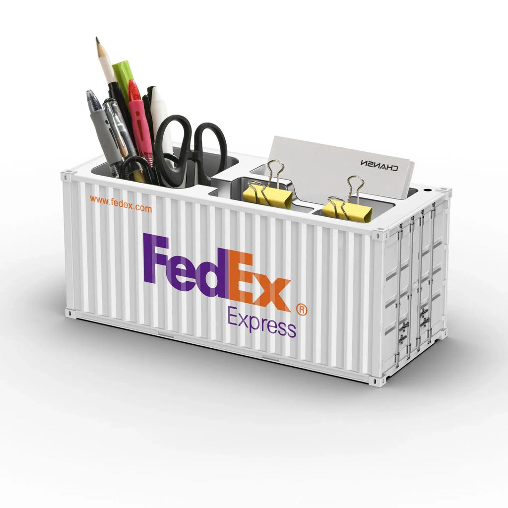 Porte-stylos de bureau en conteneur maritime FedEx Express, blanc, compartiments visibles et logo FedEx