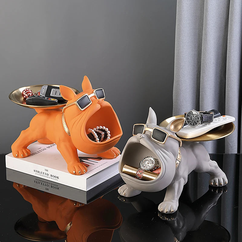 Figurine Bouledogue En Résine Avec Plateau Décor Maison