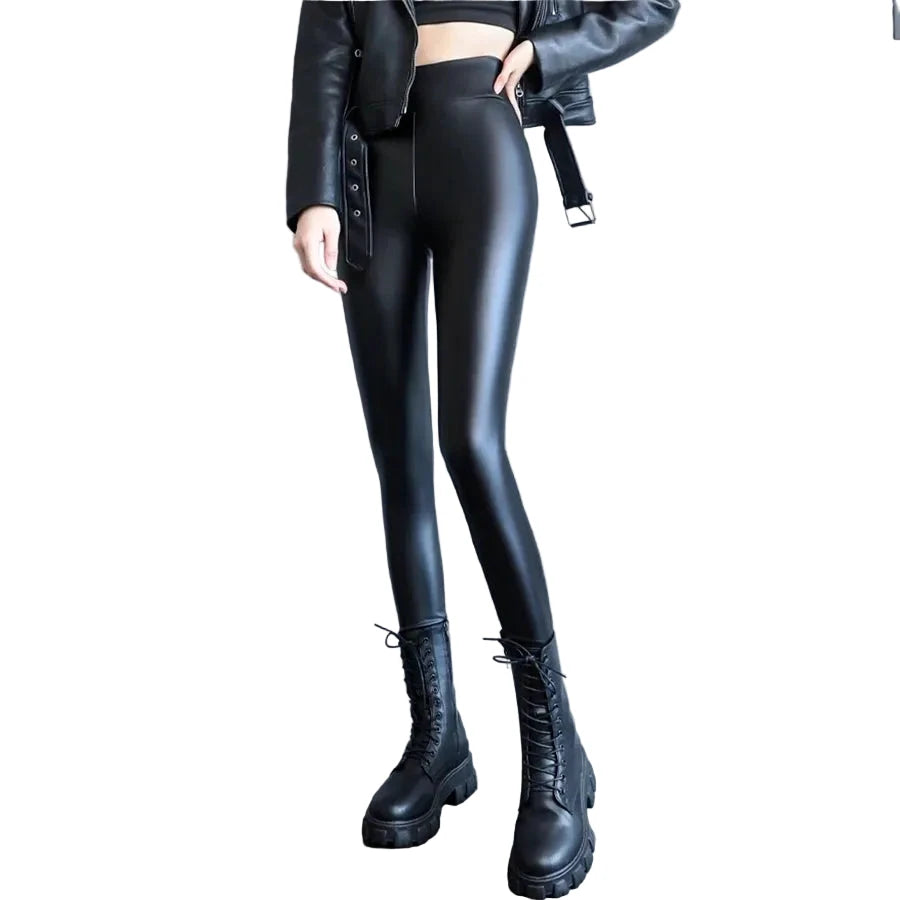 Leggings PU Cuir Doublé Polaire Noir Taille Haute