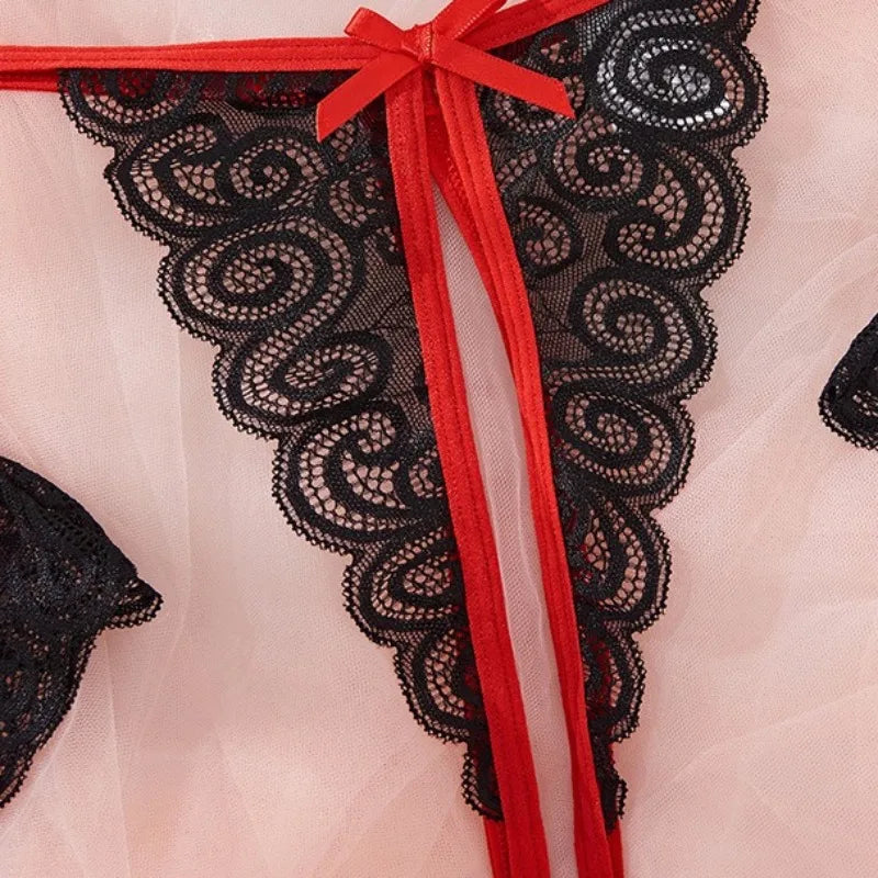 Tornova Lingerie Lace Bow Tie Garter Belt Black Red