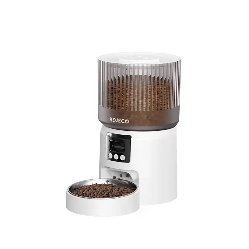 Distributeur automatique de nourriture pour animaux ROJECO 4L, base blanche et réservoir transparent brun avec caméra