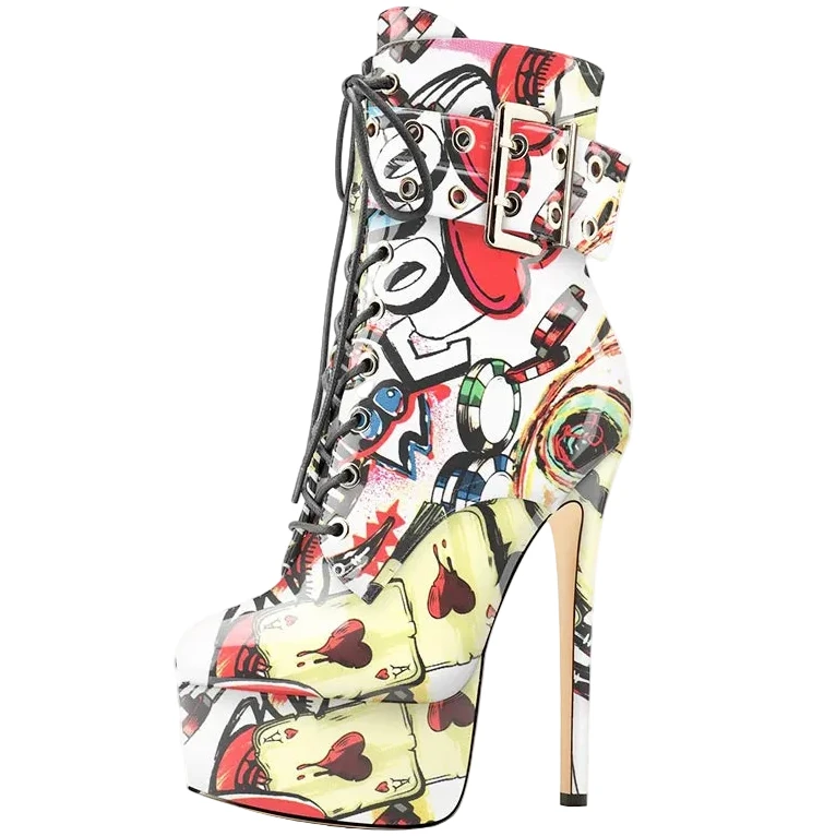 Bottines vernies à talon aiguille et plateforme LSDLBoutique, graffiti multicolore avec lacets et ceinture.