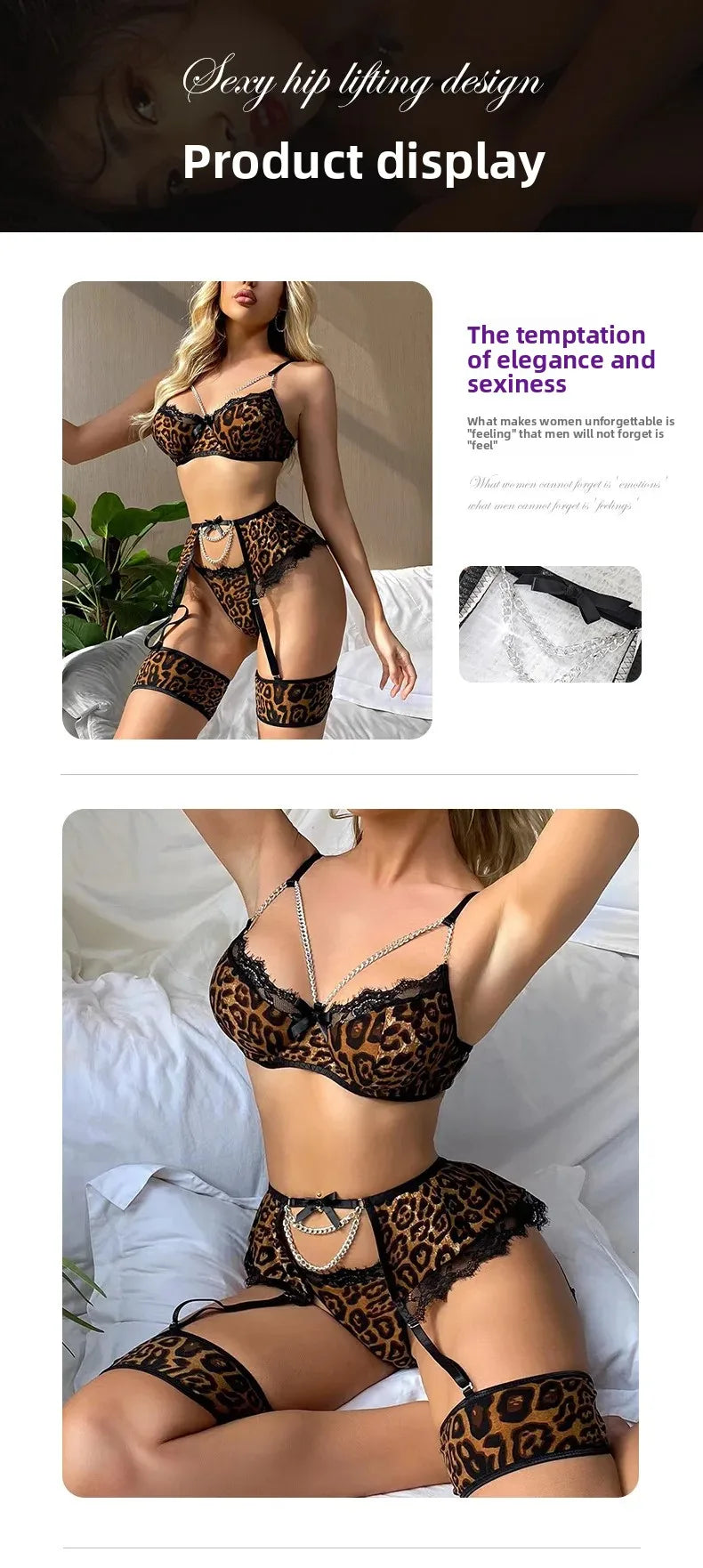 Les Secrets de Léa Ensemble Sous Vetements Maille Creuse Léopard Chaîne Métal