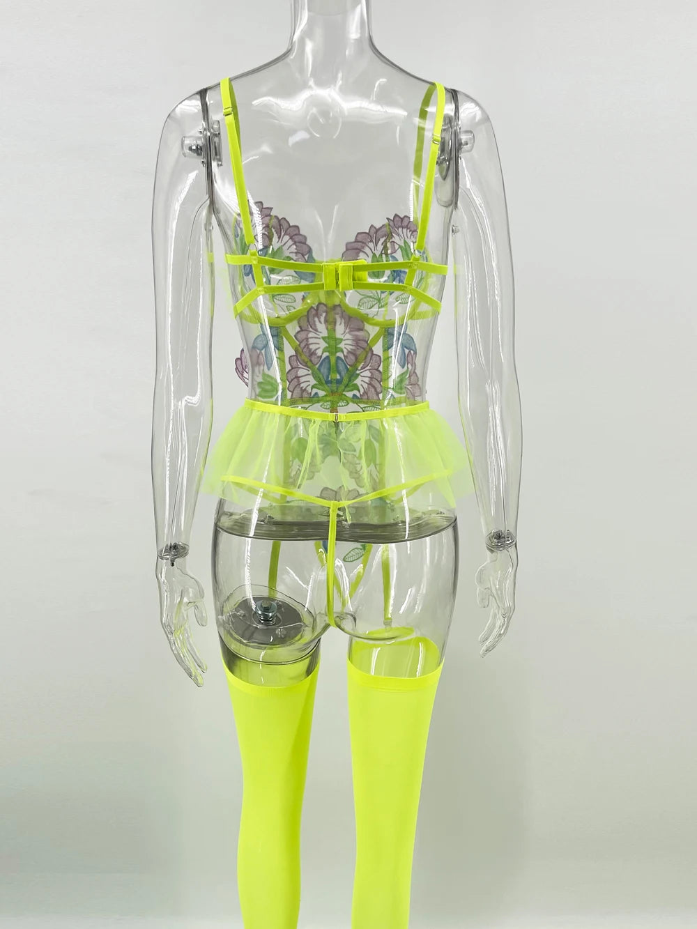 Toucheart Ensemble Lingerie Soutien-Gorge Brodé Dos Nu Jaune Néon