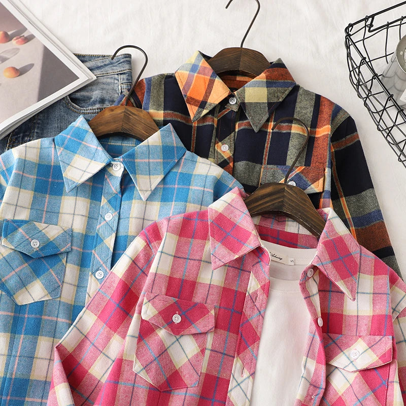 Chemise Femme Flanelle De Coton Carreaux Slim Fit Manches Longues