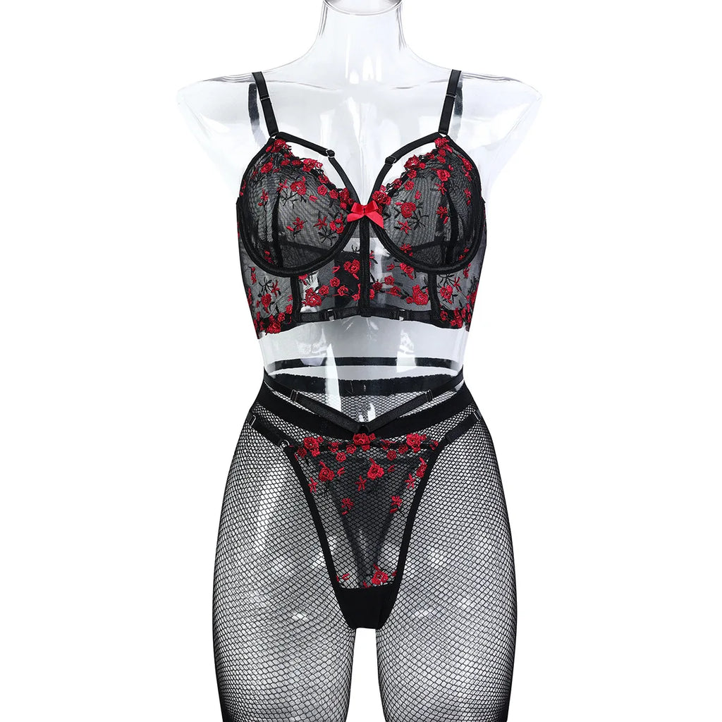 Diccvicc Floral Lace Corset Bandage Lingerie Set Black Red