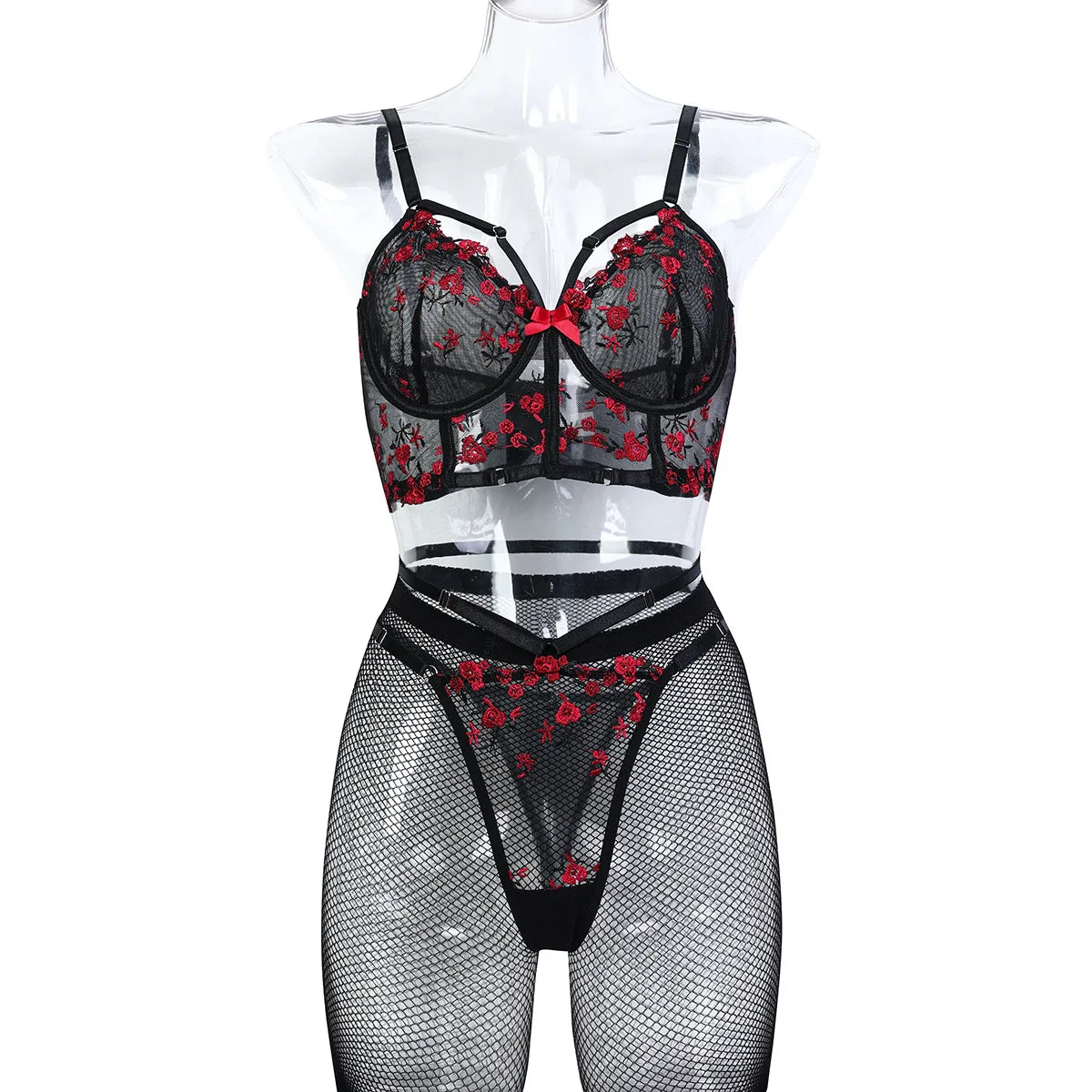 Diccvicc Floral Lace Corset Bandage Lingerie Set Black Red