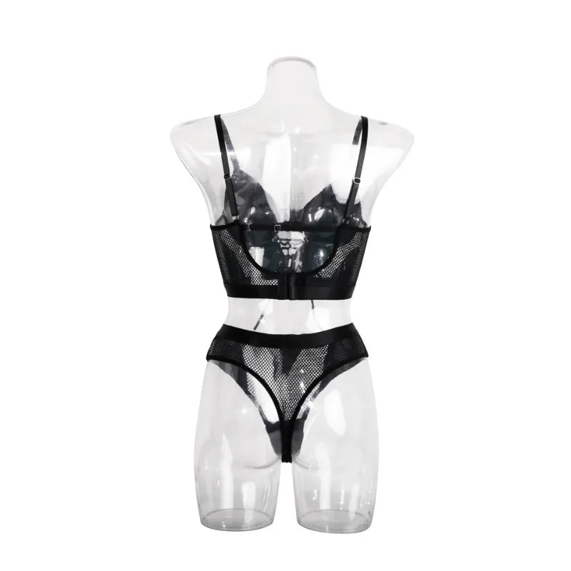 Tornova Lingerie Black Patchwork PU Lace-Up Bustier and Panties