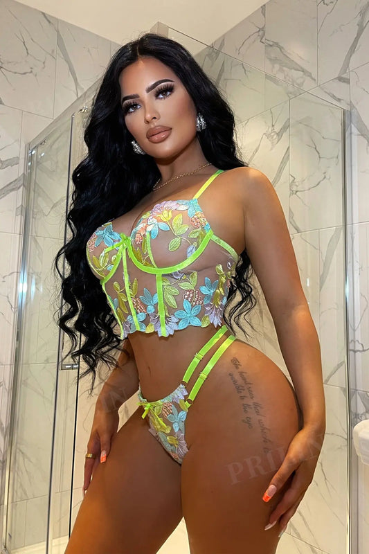 Les Secrets de Léa Ensemble Lingerie Floral Broderie Vert Néon