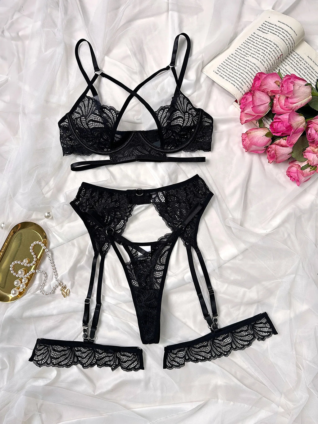 Hirigin Black Sheer Embroidered Lace Lingerie Set