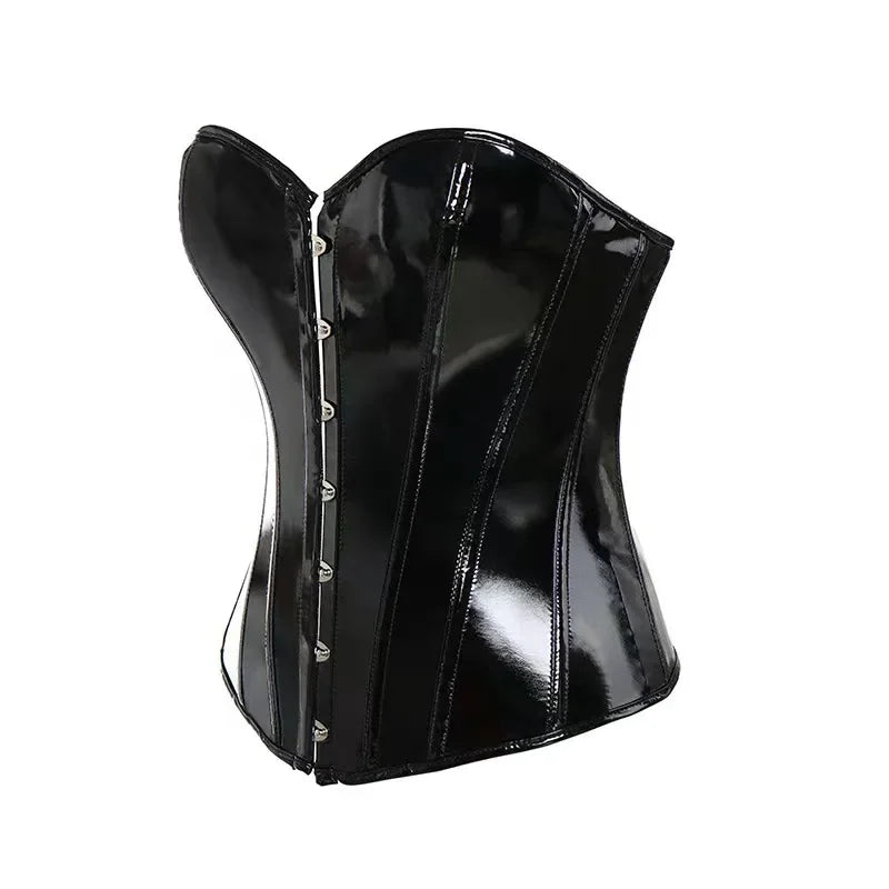 Black Vinyl Overbust Corselet – Front Zip, Back Lacing
