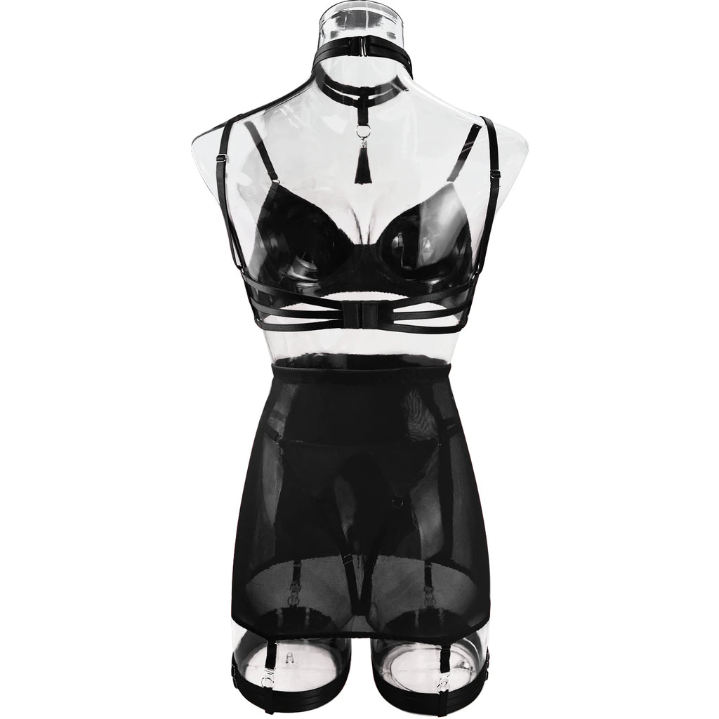 Ellolace Dessous-Set, feiner Satin und Spitze, Rot, 5-teilig