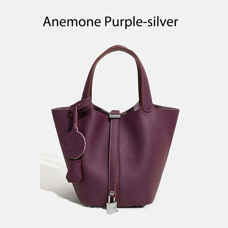 Sac à main seau Mendy en cuir véritable, prune, bucket bag avec cadenas argenté W881002-1