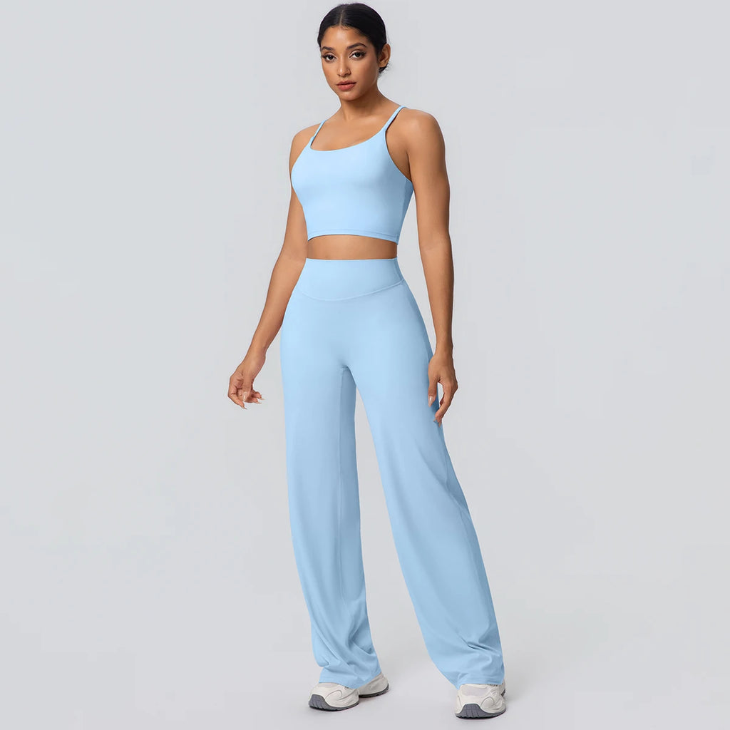Ensemble Sport Femme Bleu Clair Dos Nu Bretelles Pantalon Taille Haute
