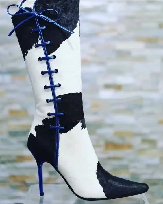 Bottes Mi-Mollet Cuir Blanc Noir Zip Latéral Bleu