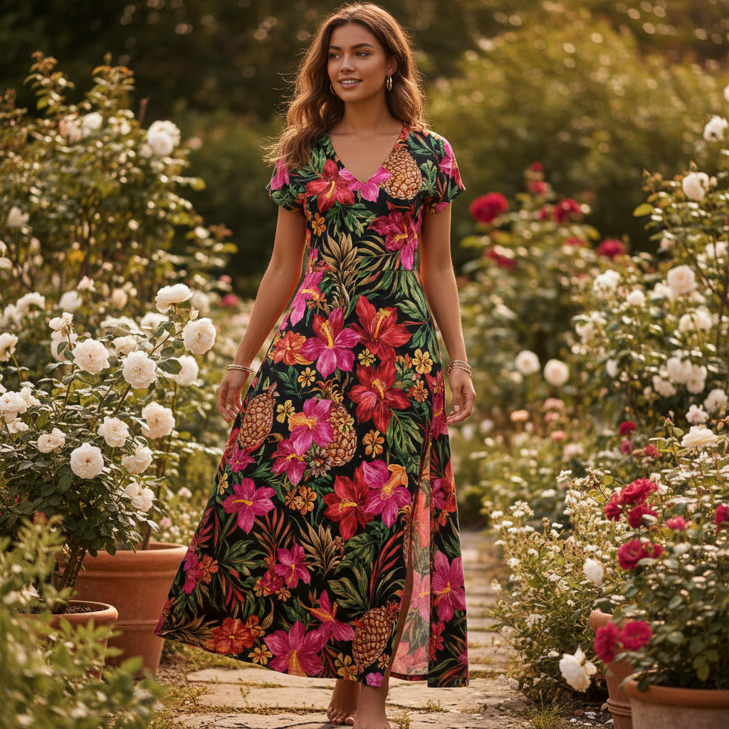 Women's Floral Summer Long Dress, V-Neck Short Sleeve Casual Beach Style with Side Slit