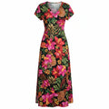 Women's Floral Summer Long Dress, V-Neck Short Sleeve Casual Beach Style with Side Slit