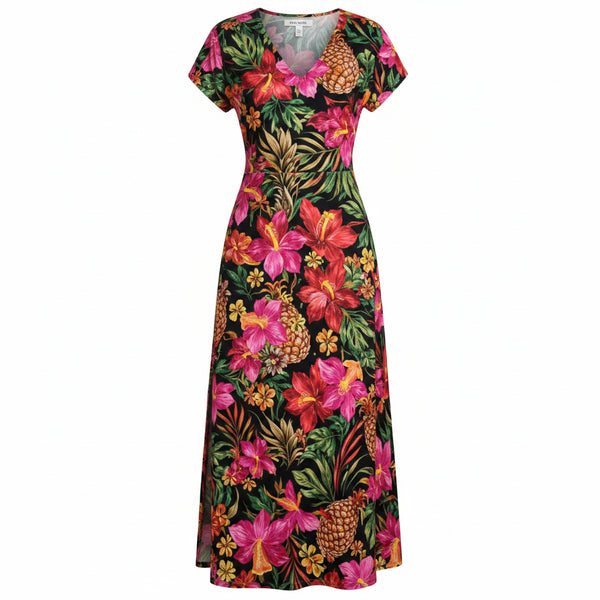 Women's Floral Summer Long Dress, V-Neck Short Sleeve Casual Beach Style with Side Slit